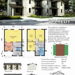 Wizualizacja szeregowej zabudowy piętrowej DM TEDY z rzutami pomieszczeń i przekrojem, prezentująca układ funkcjonalny i wymiary.