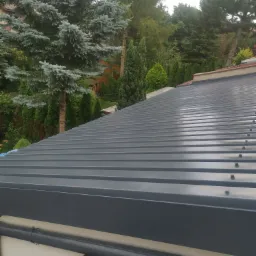 Nowy, szary dach z blachy trapezowej na tle zielonych drzew iglastych i liściastych, widok z góry.