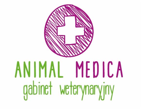 Logo gabinetu 'Animal Medica' z fioletowym krzyżem w okręgu i zielonym napisem 'gabinet weterynaryjny' poniżej.
