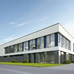 Nowoczesny budynek biurowy z białą elewacją i dużymi oknami, widok z zewnątrz na tle błękitnego nieba.