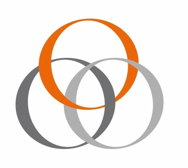 Abstrakcyjne logo firmy składające się z trzech przeplatających się okręgów: pomarańczowego, ciemnoszarego i jasnoszarego, na białym tle.