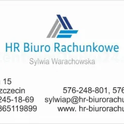 Wizytówka firmy HR Biuro Rachunkowe Sylwia Warachowska ze Szczecina, zawierająca adres, NIP, REGON, numery telefonów i adres strony internetowej.