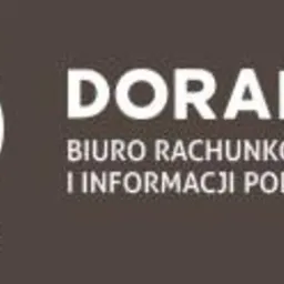 Logo firmy Doradca Biuro Rachunkowe i Informacji Podatkowej z symbolem graficznym przypominającym stylizowaną literę D lub sowę, rok założenia 1991, na brązowym tle.