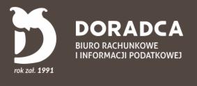 Logo firmy Doradca Biuro Rachunkowe i Informacji Podatkowej z symbolem graficznym przypominającym stylizowaną literę D lub sowę, rok założenia 1991, na brązowym tle.
