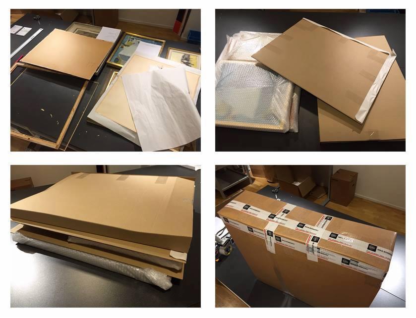 Przygotowanie obrazów do transportu: zabezpieczanie folią bąbelkową, przekładanie papierem i pakowanie w kartonowe pudła, widoczne taśmy zabezpieczające.