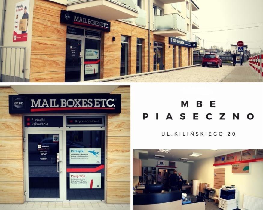 Fasada budynku firmy Mail Boxes Etc. w Piasecznie z widocznym wejściem, szyldem reklamowym i ofertą przesyłek i pakowania, wnętrze biura z pracownikami i sprzętem biurowym.