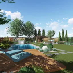Wizualizacja ogrodu z basenem, drewnianym tarasem z leżakami i ścieżką z płyt na trawniku, w tle altana i zieleń.