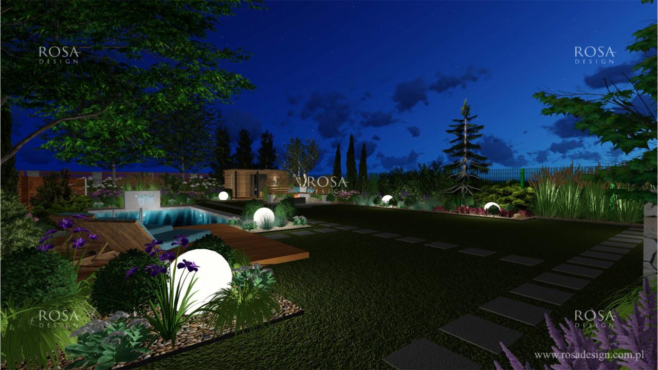 Wizualizacja nocnego ogrodu z basenem, drewnianym tarasem, oświetleniem LED w formie kul i ścieżką z płyt kamiennych.