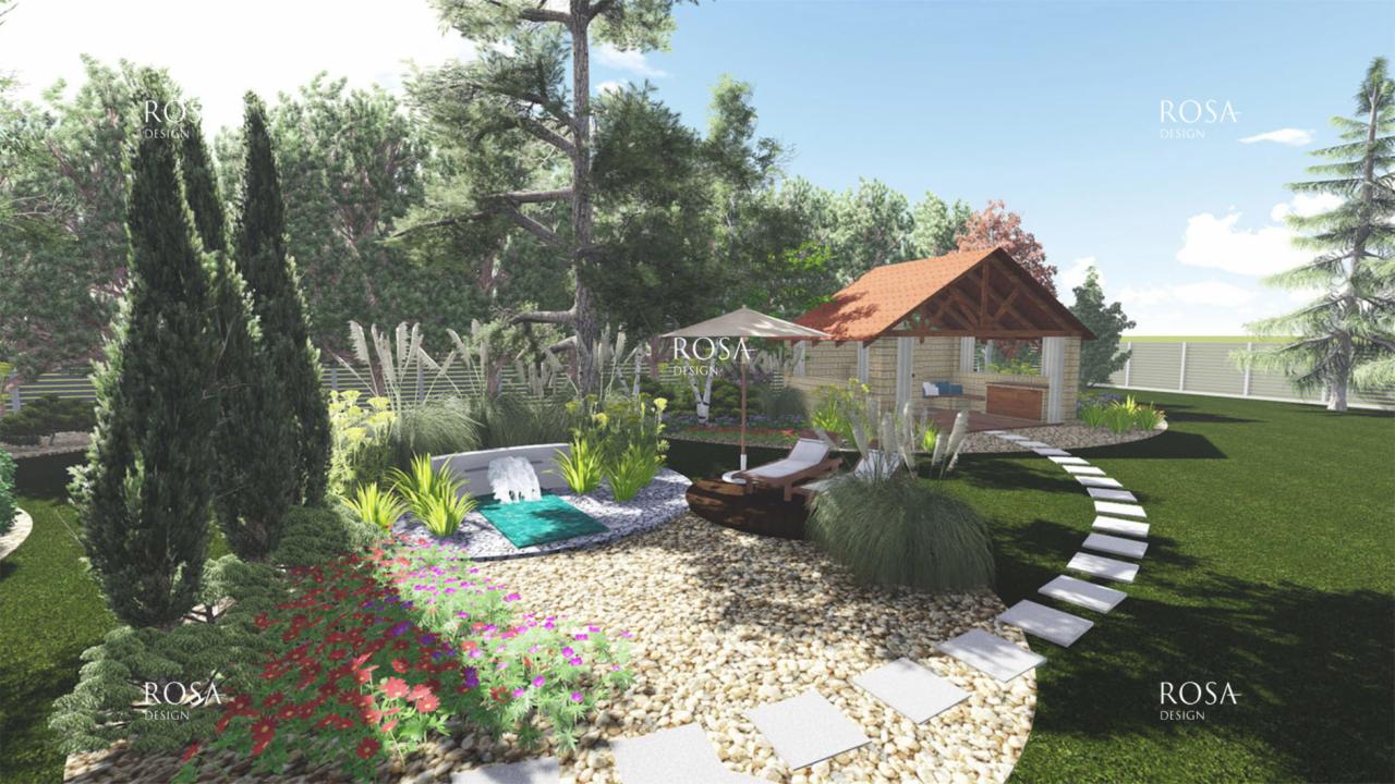 Wizualizacja ogrodu z altaną, ścieżką z białych płyt, leżakiem pod parasolem i miejscem do relaksu z turkusowym materacem.