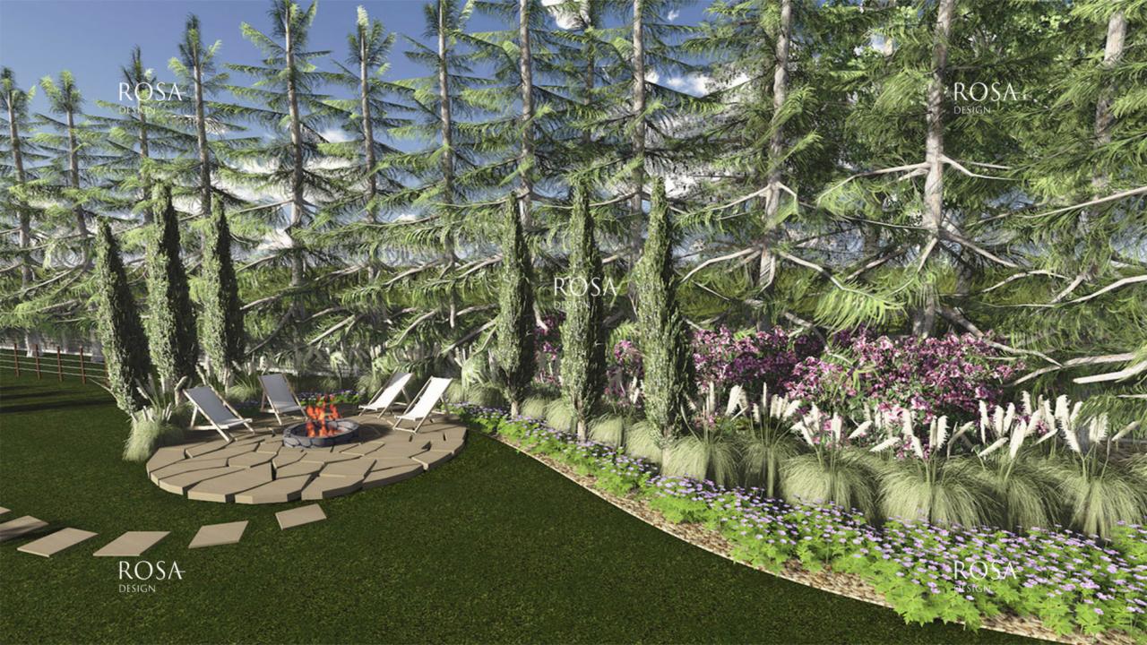 Wizualizacja ogrodu z miejscem na ognisko otoczonym leżakami, wysokie tuje i kwitnące rabaty wzdłuż ścieżki z płyt.