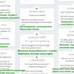 Zbiór referencji i opinii klientów na temat usług remontowych i malarskich, zawierający krótkie cytaty w języku polskim i niemieckim, podkreślające szybkość, niezawodność, profesjonalizm i dobry...