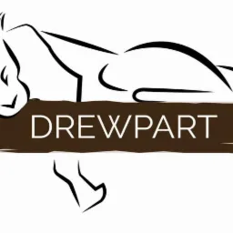 Stylizowany rysunek leżącej pantery nad brązowym paskiem z napisem DREW/PART, czarne kontury na białym tle.