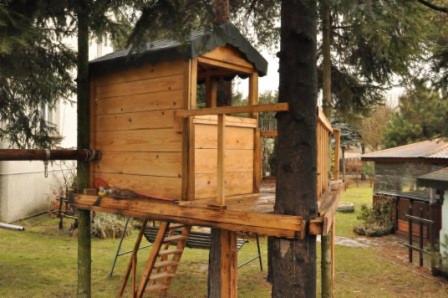 Drewniany domek na drzewie z drabinką i balustradą, wsparty na kilku pniach drzew w ogrodzie.