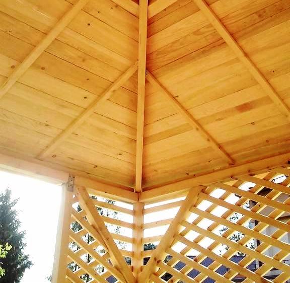Drewniana altana ogrodowa z widocznym od wewnątrz dachem i ażurowymi ścianami, jasne drewno, widok z dołu pod kątem.