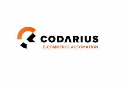 Logo firmy Codarius z pomarańczowo-czarnym symbolem i hasłem E-commerce Automation.