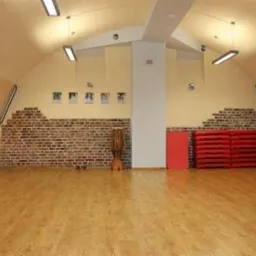 Pusta sala do ćwiczeń z parkietem, ścianą z cegieł i stepami, oświetlona lampami sufitowymi.