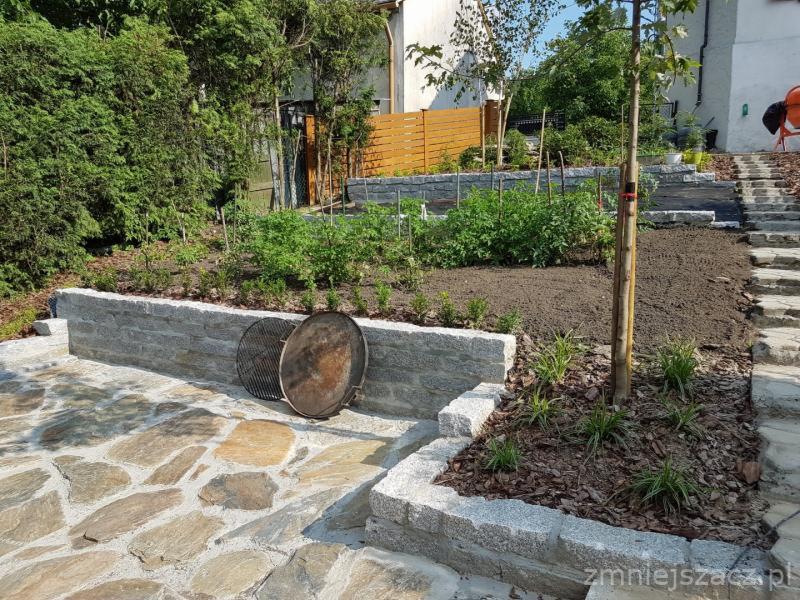 Kamienny taras z nieregularną nawierzchnią, obok podwyższona rabata z młodymi roślinami i świeżo posadzone drzewo, w tle ogrodzenie z desek i dom.