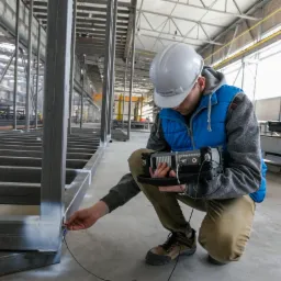Pracownik w kasku kontroluje spawy konstrukcji stalowej za pomocą specjalistycznego urządzenia pomiarowego w hali produkcyjnej.