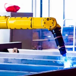 Żółty robot spawalniczy w trakcie pracy, spawający metalowe profile w hali produkcyjnej, widoczne iskry i niebieskie światło spawania.