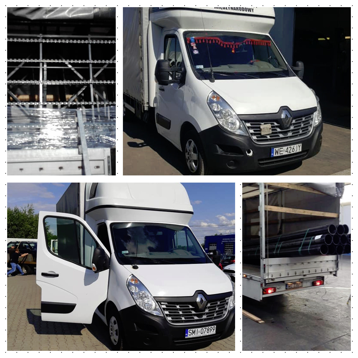Kolaż zdjęć białego busa dostawczego Renault Master z wysoką kabiną, pokazującego załadunek rur PCV i metalowych konstrukcji, z otwartymi drzwiami kierowcy i dekoracją na przedniej szybie.