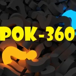 Grafika 3D z szarymi znakami zapytania w tle, żółtym napisem POK-360 i podświetlonymi znakami zapytania w kolorach żółtym i niebieskim.