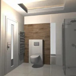 Wizualizacja nowoczesnej łazienki z płytkami imitującymi drewno, podwieszaną toaletą, grzejnikiem drabinkowym i kabiną prysznicową typu walk-in