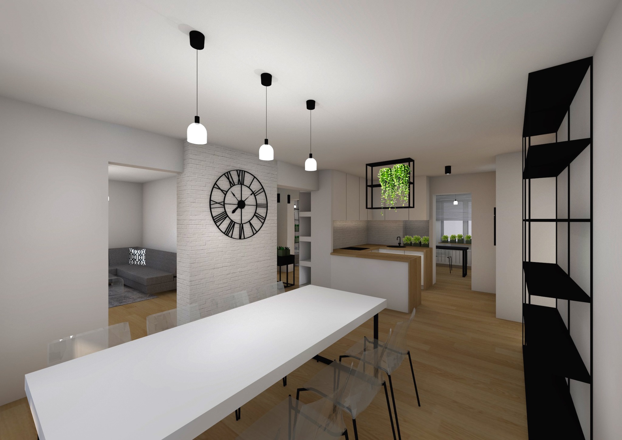 Wizualizacja wnętrza mieszkania: biały stół jadalny z przezroczystymi krzesłami, ceglana ściana z zegarem, otwarta kuchnia z zielonym akcentem roślinnym i salon z szarą sofą w tle.