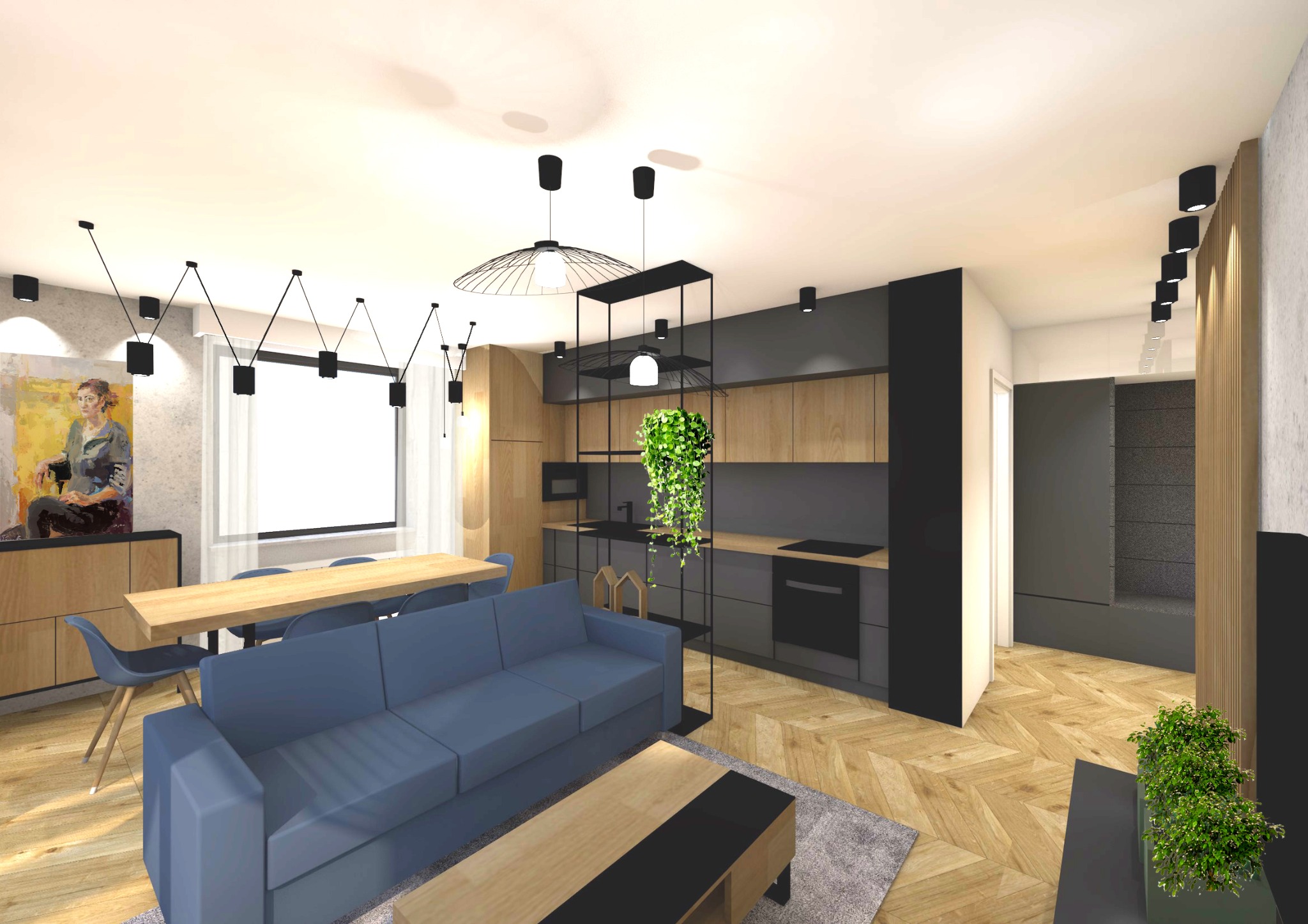 Wizualizacja przestronnego wnętrza: salon z niebieską sofą, drewniany stół z krzesłami, otwarta kuchnia z czarnymi frontami, parkiet w jodełkę, minimalistyczne oświetlenie sufitowe i dekoracyjna...