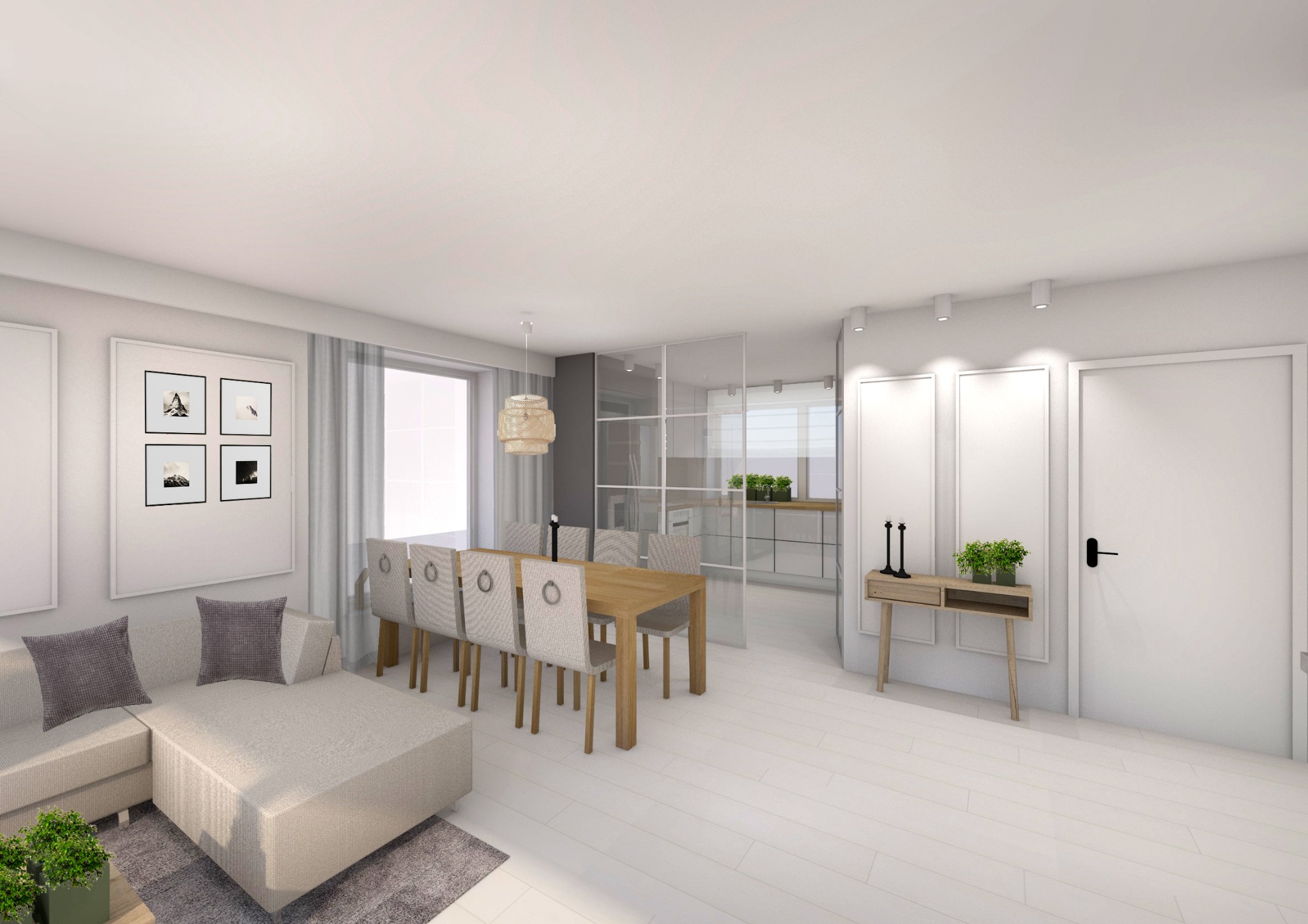 Jasne wnętrze mieszkania: salon z sofą narożną, drewnianym stołem jadalnianym i przeszkloną ścianą oddzielającą kuchnię, minimalistyczne dekoracje ścienne.