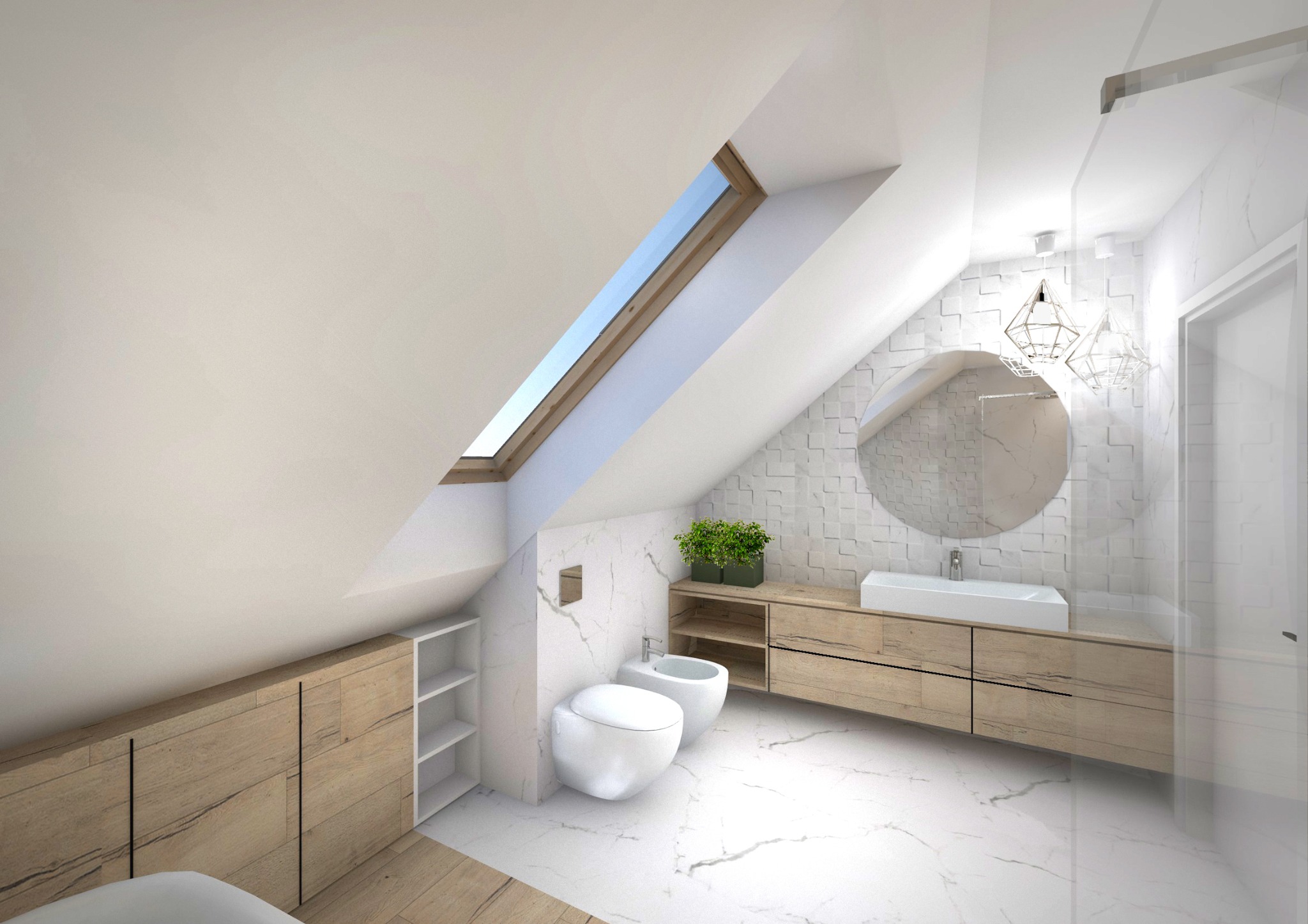 Jasna łazienka na poddaszu z oknem dachowym, marmurową podłogą i ścianami, drewnianymi szafkami pod umywalką i zabudową w skosie, okrągłym lustrem i wiszącymi lampami w kształcie diamentów.