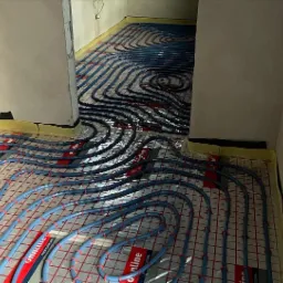 Rozłożone rury ogrzewania podłogowego na folii z siatką, zabezpieczone taśmą przy ścianach, widok w perspektywie dwóch pomieszczeń.