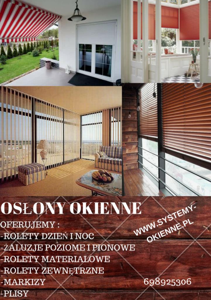 Kompozycja zdjęć prezentująca różne typy osłon okiennych: markiza z czerwono-białymi pasami nad tarasem, biała osłona zewnętrzna na oknie, pomarańczowe plisy w jasnym pokoju, pionowe lamele...