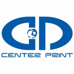 Niebieskie logo firmy Center Print z globusem wewnątrz litery C.