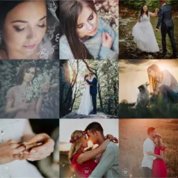 Kolaż dziewięciu zdjęć z Instagrama fotografa, przedstawiających głównie pary w plenerze, w tym zdjęcia z ceremonii ślubnych, sesji narzeczeńskich i portrety kobiece w otoczeniu natury, z widocznym...