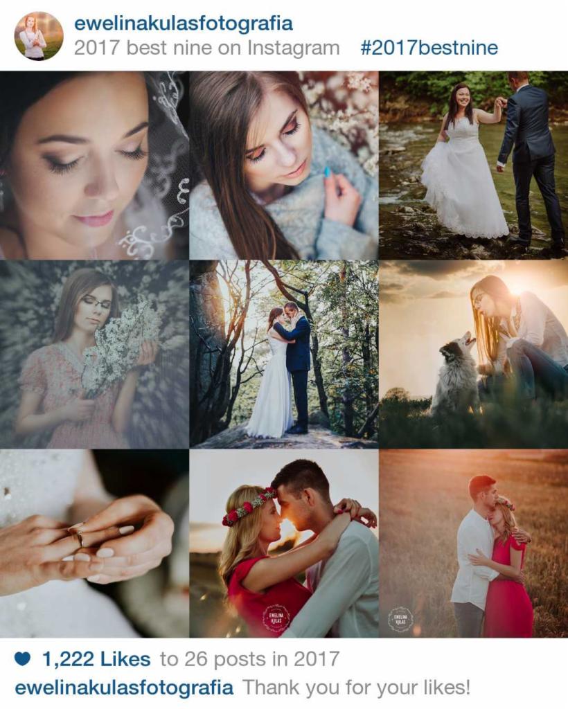 Kolaż dziewięciu zdjęć z Instagrama fotografa, przedstawiających głównie pary w plenerze, w tym zdjęcia z ceremonii ślubnych, sesji narzeczeńskich i portrety kobiece w otoczeniu natury, z widocznym...