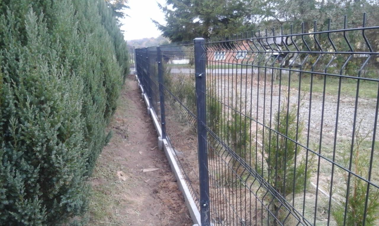 Nowoczesne ogrodzenie z paneli zgrzewanych w kolorze grafitowym, zamontowane na betonowej podmurówce, oddzielające posesję od drogi żwirowej, z widocznym pasem zieleni z tujami po lewej stronie.