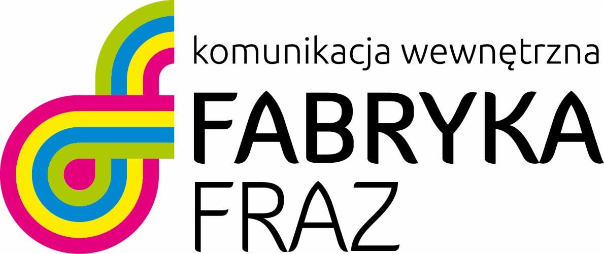 Logo firmy z napisem 'Fabryka Fraz' i hasłem 'komunikacja wewnętrzna', z abstrakcyjnym symbolem w kształcie litery 'f' utworzonej z kolorowych pasków (różowy, żółty, niebieski, zielony).