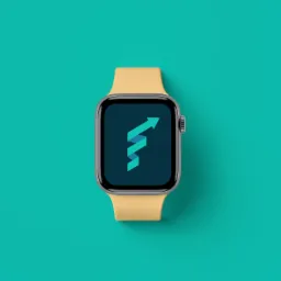 Smartwatch z aplikacją do zarządzania finansami domowymi, wyświetlającą stylizowaną strzałkę wzrostową na ciemnym tle, na tle turkusowym.