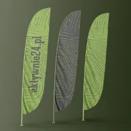Trzy flagi reklamowe typu windery z abstrakcyjnym wzorem topograficznym i logo 'aktywnie24.pl', wykonane we Wrocławiu, na jednolitym zielonym tle.
