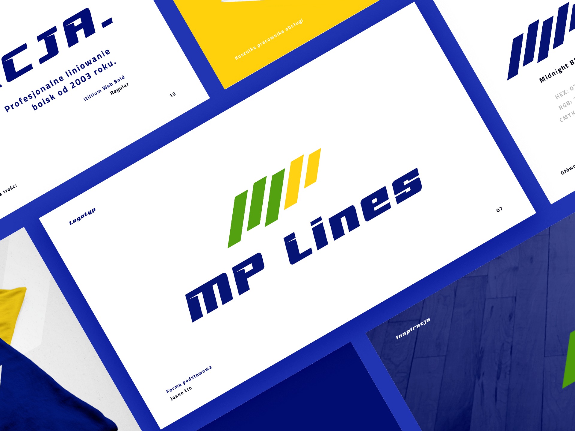 Prezentacja logotypu MP Lines z wykorzystaniem zielonych i żółtych akcentów graficznych na białym tle, otoczonego elementami identyfikacji wizualnej w kolorze granatowym.