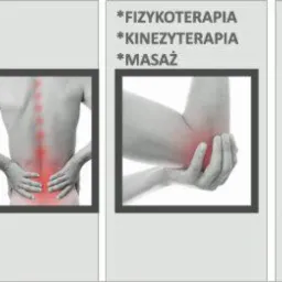 Ulotka reklamowa prezentująca grafiki osób z zaznaczonymi obszarami bólowymi szyi, pleców, łokcia i kolana, obok wypisane usługi: fizykoterapia, kinezyterapia, masaż.