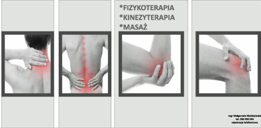 Ulotka reklamowa prezentująca grafiki osób z zaznaczonymi obszarami bólowymi szyi, pleców, łokcia i kolana, obok wypisane usługi: fizykoterapia, kinezyterapia, masaż.
