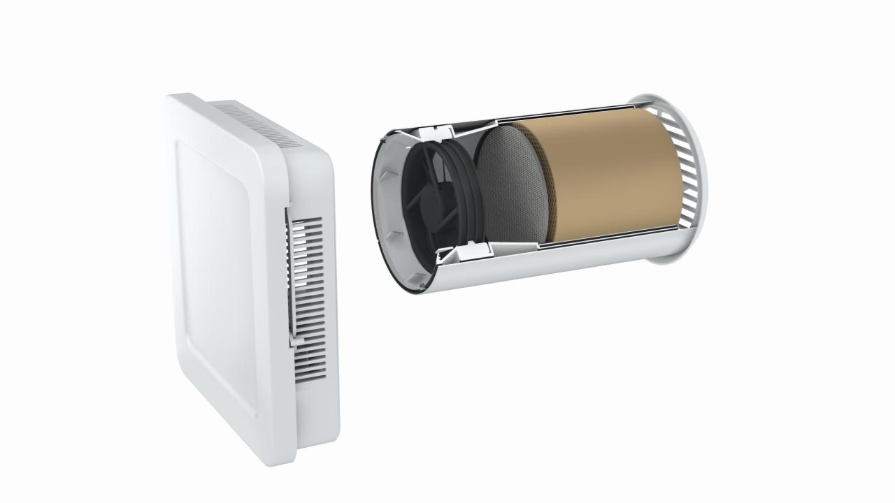 Wizualizacja przekroju ściennego nawiewnika z odzyskiem ciepła AEROTUBE, widoczny panel frontowy i elementy wewnętrzne, w tym filtry i wentylator.