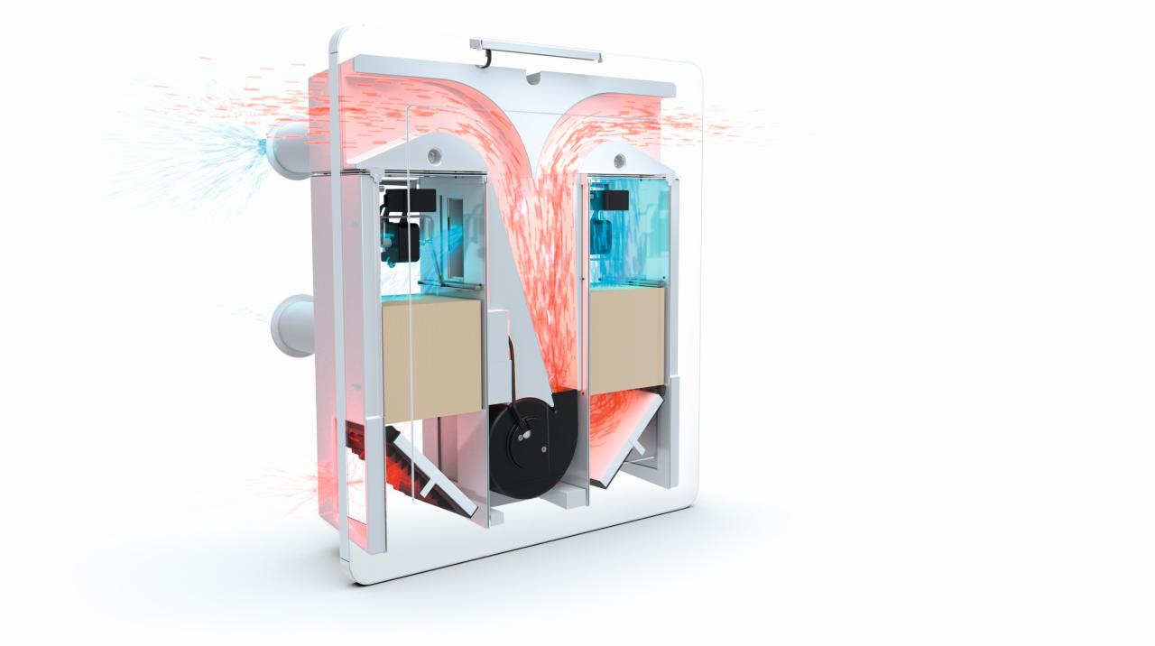 Przekrój nawiewnika ściennego AEROVITAL® ambience z wizualizacją przepływu powietrza, ukazujący odzysk ciepła i izolację dźwiękową.