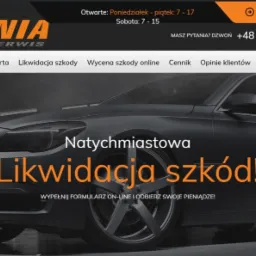 Strona internetowa serwisu samochodowego Kania Auto Serwis z hasłem 'Natychmiastowa Likwidacja Szkód!' na tle czarnego samochodu.