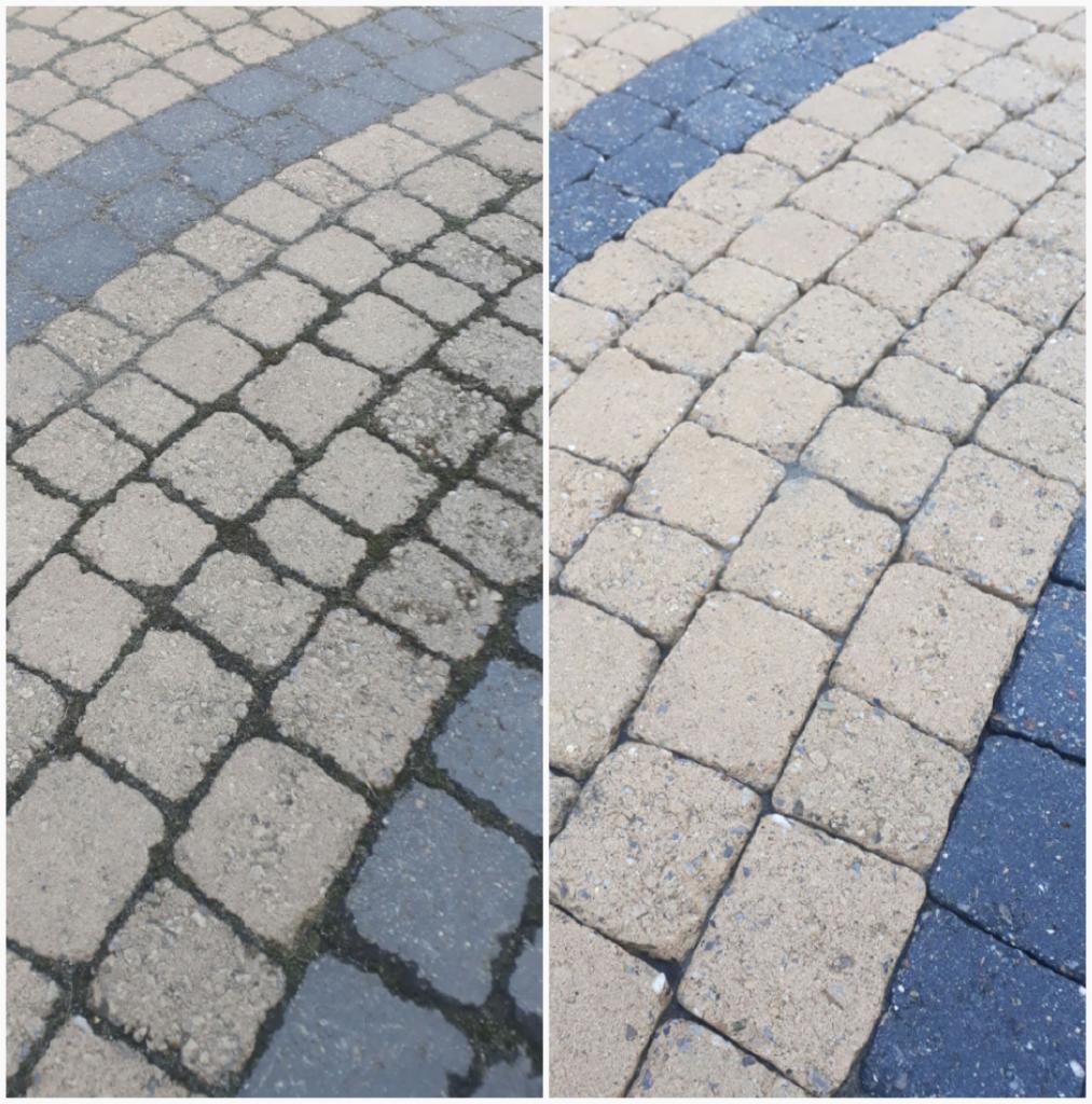 Porównanie kostki brukowej przed i po czyszczeniu: po lewej stronie zabrudzona mchem i brudem, po prawej świeżo umyta, ukazująca oryginalny kolor i strukturę.