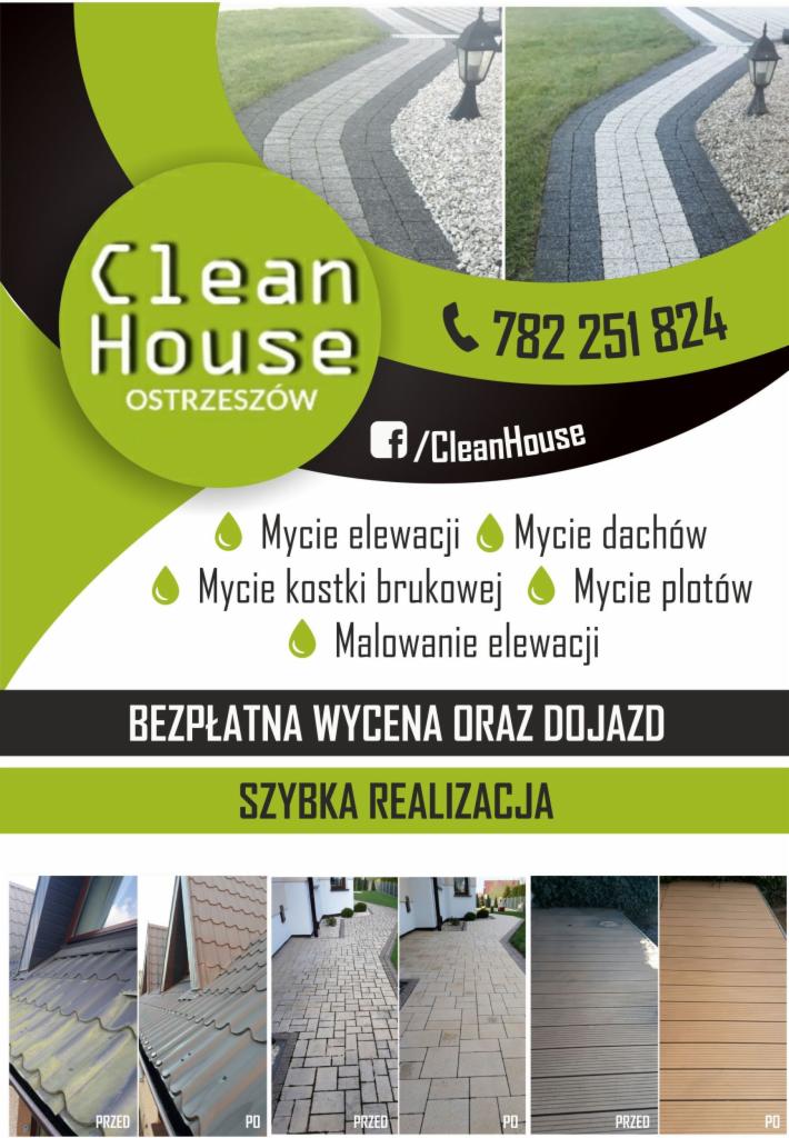Ulotka reklamowa firmy Clean House z Ostzeszowa, oferującej mycie elewacji, dachów, kostki brukowej i płotów oraz malowanie elewacji. Na górze zdjęcia kostki brukowej przed i po czyszczeniu, a...