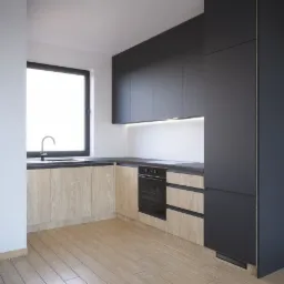 Nowoczesna kuchnia z drewnianymi frontami szafek dolnych i grafitowymi górnymi, czarny blat, piekarnik, zlewozmywak pod oknem, oświetlenie LED pod szafkami wiszącymi.