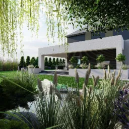 Nowoczesny ogród z minimalistycznym domem w tle, z kaskadą roślinności na pierwszym planie, w tym traw ozdobnych i kwitnącej lawendy, widok z poziomu ziemi.