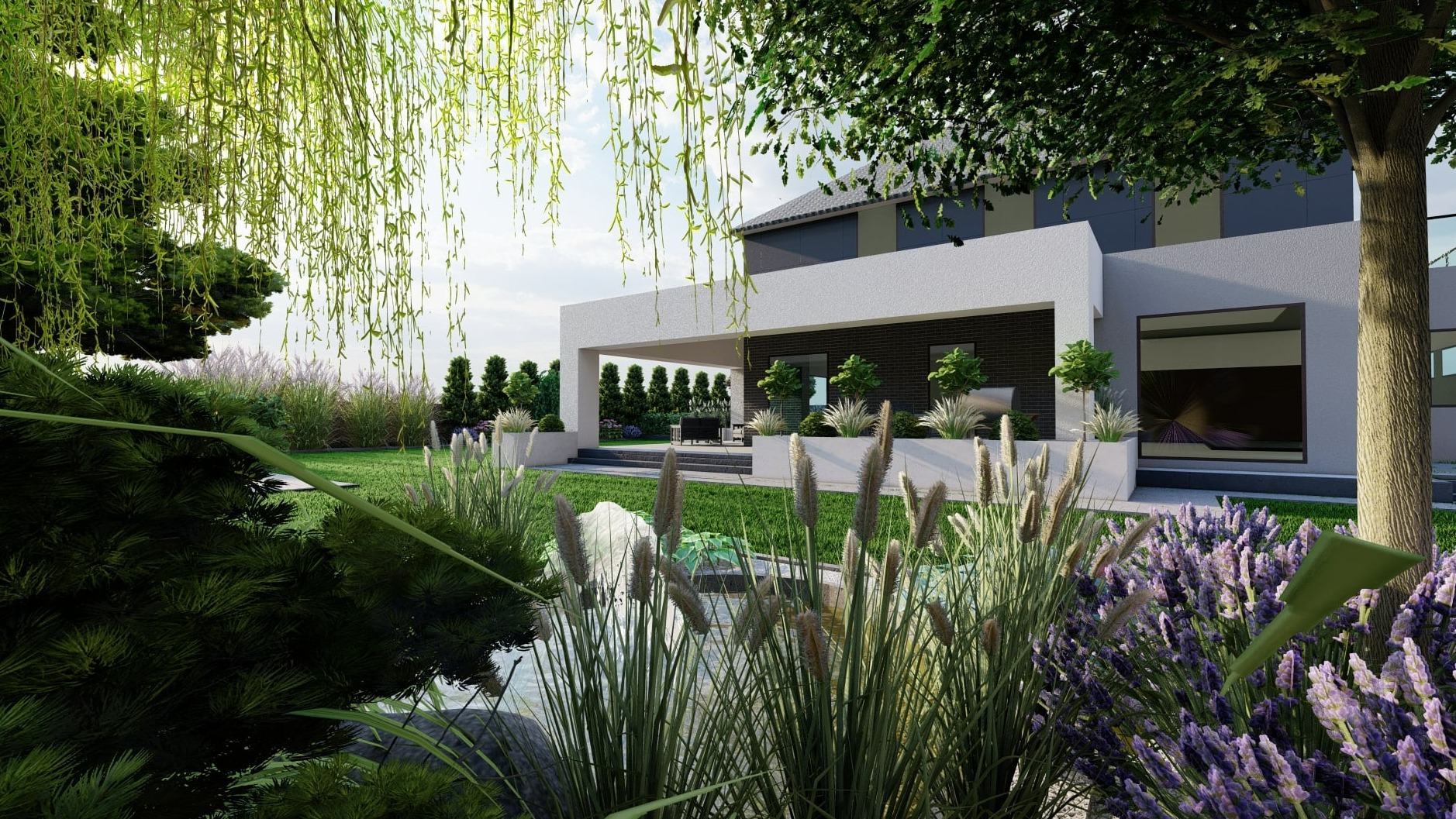 Nowoczesny ogród z minimalistycznym domem w tle, z kaskadą roślinności na pierwszym planie, w tym traw ozdobnych i kwitnącej lawendy, widok z poziomu ziemi.